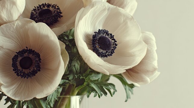 Delicate white anemone flowers bloom with dark centers in a clear vase.
