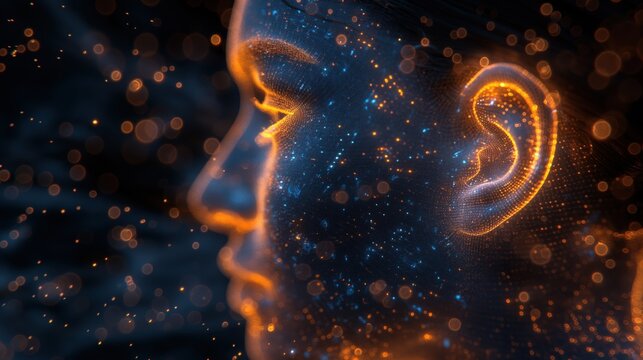 Conceptual Digital Profile of a Person with Glowing Binary Code Highlights on Ear Representing Future Hearing Technology Biometric Data and AI Voice Recognition - Powered by Adobe