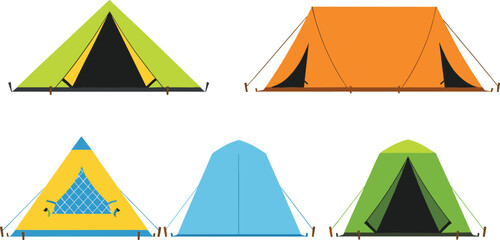Set of colorful camping tents featuring various styles including A-frame and dome tents in green orange and blue isolated on white. © Aminul