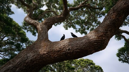 Fototapeta premium Two black birds perched on a large textured tree branch against a cloudy sky