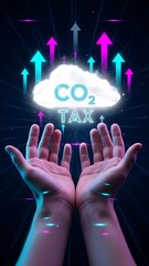 Hands cradling a cloud with co2 tax text and ascending arrows representing environmental policy and financial impact