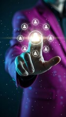 A hand interacts with a glowing network of interconnected people icons representing digital connection and communication