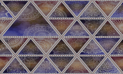 Obraz premium Geometric Triangle Mandala Pattern with Watercolor Background