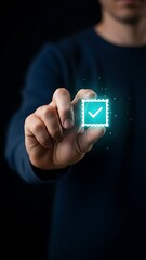 A person interacts with a glowing futuristic checkmark icon projected from their hand symbolizing digital confirmation