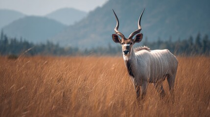 Fototapeta premium Majestic Kudu Portrait in Golden Grassland with Distant Mountain Range