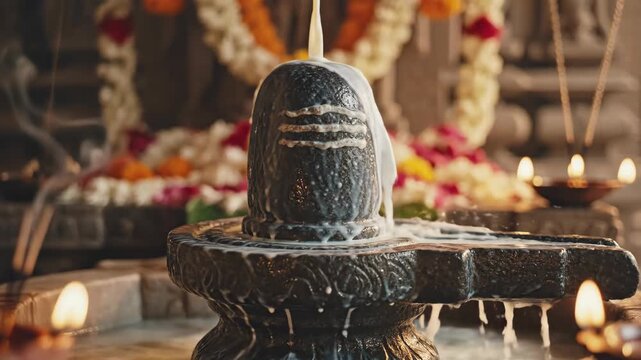Spiritual close-up of a dark stone shiva lingam receiving a milk abhishekam ritual, surrounded by the warm glow of temple diyas.