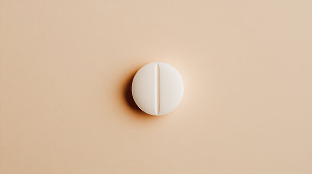 A single white pill rests on a soft, neutral background. The round tablet features a distinct score line, suggesting a dose can be split. A minimalist still life.