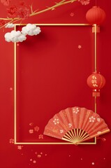 Red Frame With Fan and Lantern on Wall With Flowers and Clouds for Festive Decoration