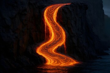 Fototapeta premium Molten lava flowing down a cliff face into the dark ocean at night