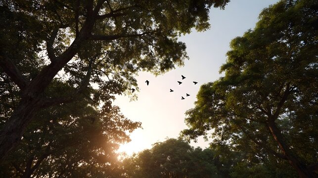 Looking up through forest trees at a flock of birds flying in the warm golden hour sunlight