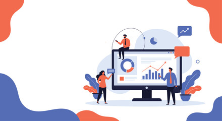 Business professionals analyze data and statistics on a large computer screen to develop corporate growth strategies and insights.