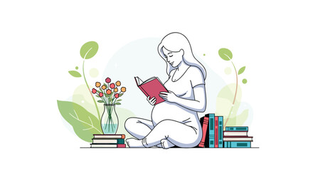 Pregnant woman sits peacefully on the floor surrounded by books and flowers while reading to her unborn baby for early bonding.