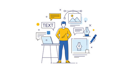 Creative graphic designer stands at his desk surrounded by floating icons of text, images, pens, and design tools to represent his craft.