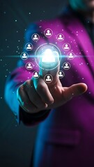 A person interacting with a glowing digital network of connected people icons representing communication and technology