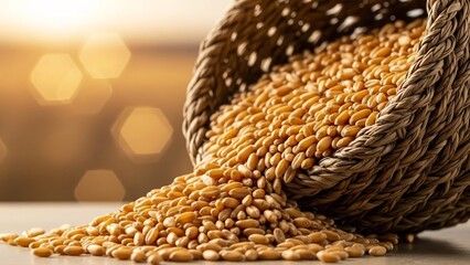 黄金の穀物と茶色の籠