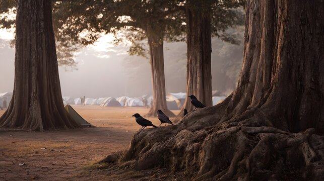 Three crows perched on ancient gnarled tree roots during a misty golden hour morning with a distant campsite visible