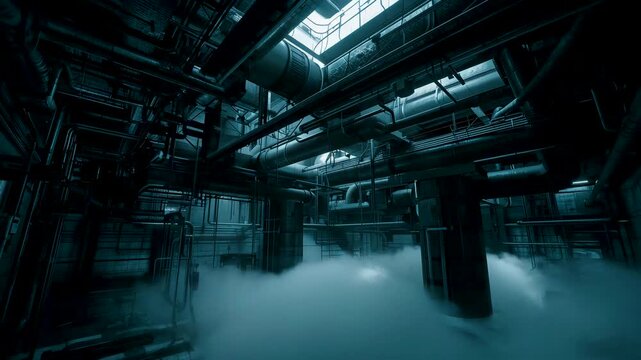 Dark industrial factory corridor filled with metal pipes, structural beams, and low white steam
