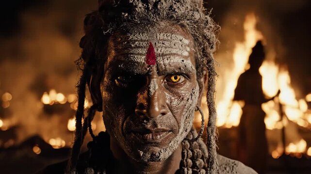 Intense cinematic portrait of a spiritual sadhu with ash and glowing eyes against a fiery ritual ground.