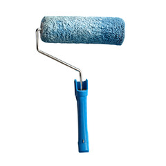 Blue paint roller tool with handle isolated on transparent background