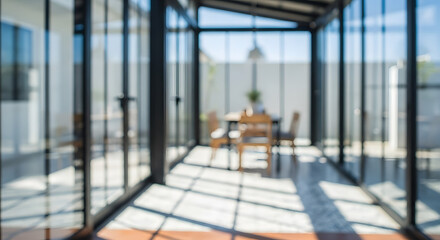 Blurry image of a glass enclosed patio with a table and chairs