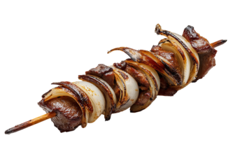 Juicy grilled beef and onion skewer with charred edges on a wooden stick isolated on a transparent background