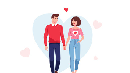Romantic couple walking hand in hand with hearts and symbols of love.