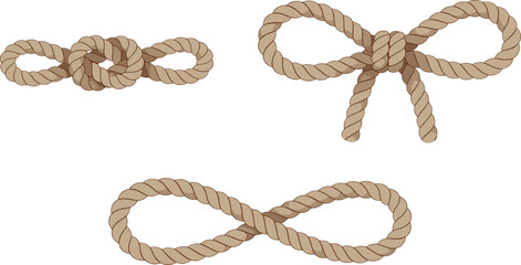 Set of nautical rope knot illustrations featuring a standard knot a decorative bow knot and an infinity symbol loop isolated on white. © Aminul