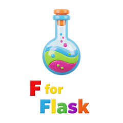 3D icon of a colorful flask with swirling liquids, perfect for chemistry and education, with "F for Flask" text