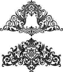 Ornate baroque scrollwork and heraldic crest with griffins, vintage decorative flourishes and royal emblems in black and white