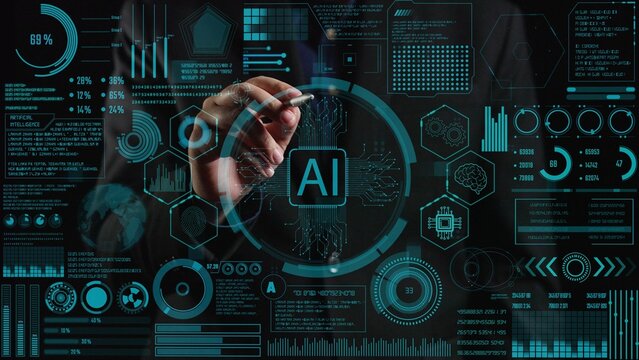 A person interacts with a futuristic dashboard showcasing AI metrics and analytics, combining technology and design for a visually compelling data visualization experience. Cipher - Powered by Adobe