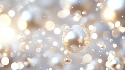 Elegant translucent glass spheres and golden pearls float among soft shimmering bokeh light circles