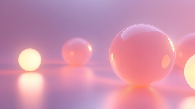 Translucent pink spheres and glowing glass orbs rest on a reflective purple surface