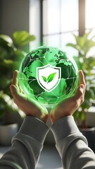 Hands holding a glowing globe with a leaf inside a shield symbolizing environmental protection
