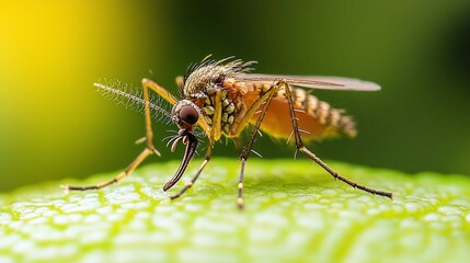 Fototapeta premium Detailed Macro of a Mosquito on Textured Green Surface Sharp Focus and Natural Light.