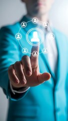 A businessman interacting with a digital network of connected people symbolizing modern communication