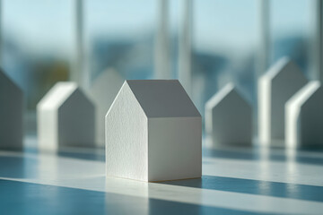 Minimalist white paper houses casting long shadows on a smooth surface with soft blue and natural light in the background creating a calm atmosphere for real estate