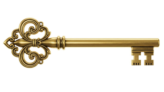 Golden ornate key with decorative handle isolated on transparent background