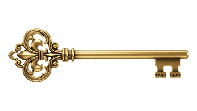 Golden ornate key with decorative handle isolated on transparent background