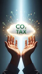 Hands cradling a cloud displaying co2 tax with glowing arrows pointing towards it