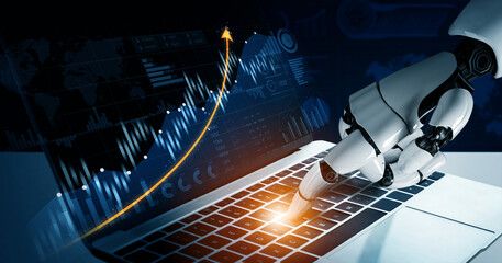 A robotic hand interacts with a laptop, demonstrating data analysis and financial growth in a futuristic workspace, highlighting technology and innovation. Scalp