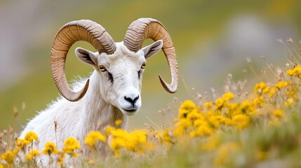 Majestic Dall Sheep Portrait Amidst Vibrant Yellow Alpine Wildflowers.
