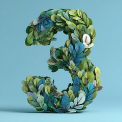 Number three made of leaves on a blue background.