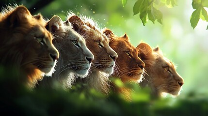Majestic Lions in a Row A Portrait of Pride and Unity in Lush Greenery.