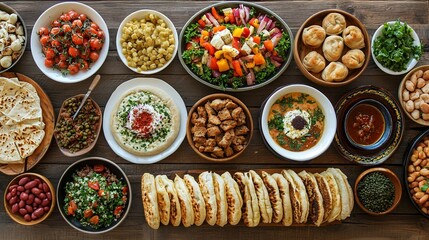 Middle Eastern Feast A Vibrant Array of Dishes on Rustic Wooden Table.