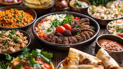 Middle Eastern Feast Kofta Rice Salads and Flatbread on Rustic Wood Table.