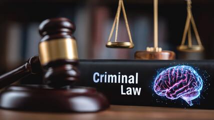Symbol of Justice Including Scales, Criminal Law Book and AI Brain Representing Accountability for Harm to Fundamental Rights by AI