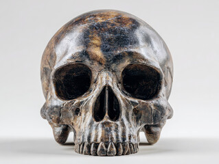 Detailed front view of an aged human skull with natural bone textures and discoloration isolated on a neutral background for anatomical study or artistic concept