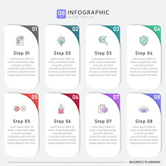 Timeline Creator infographic template. 8 Step timeline journey, calendar Flat simple infographics design template. presentation graph. Business concept with 8 options, gantt vector illustration.