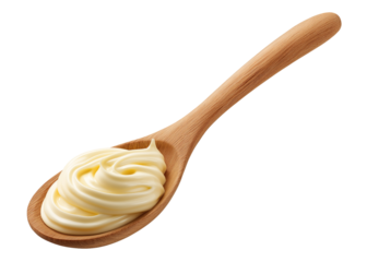 Wooden spoon holding creamy white mayonnaise swirl isolated on a transparent background image