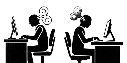 Two stylized figures working on computer with wind up key in head symbolizing routine, burnout, or automation concept